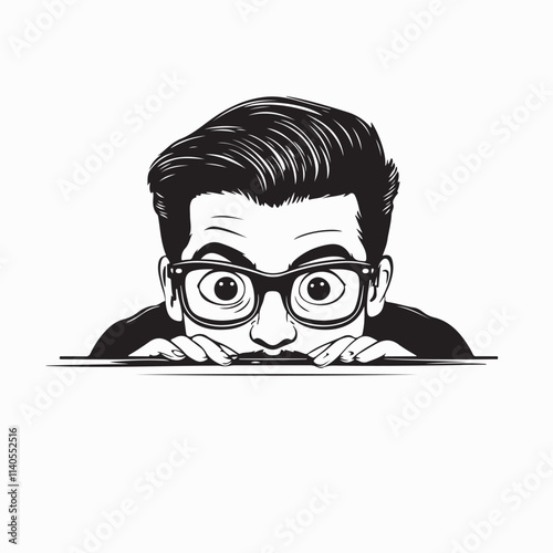 Young Nerdy Boy Playfully Peeking from Behind a Desk Vector Illustration for Humorous and Creative Art Design