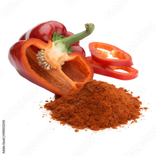 Fresh Red Bell Pepper and Chili Powder isolated on transparent background cutout, Png, Cutout