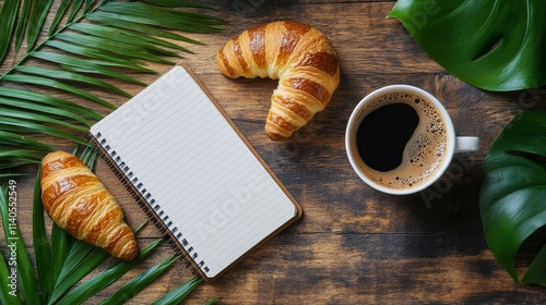 Relaxing morning with coffee and croissants on a cozy table setting