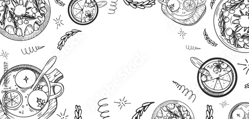 Christmas background with space for text. Horizontal background with Christmas cake and classic drink mulled wine. Background design with space for text or logo in sketch style.