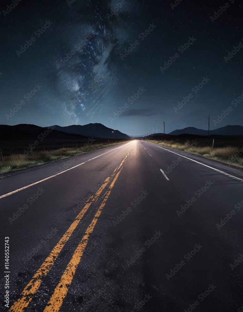 Naklejka premium Dark stretch of asphalt highway under starry sky at night, highway, landscape, night