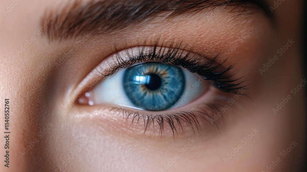 Close-up of Captivating Blue Eye with Long Lashes, Natural Look, and Soft Skin Tone Under Natural Light Close-up of Captivating Blue Eye with Long Lashes, Natural Look, and Soft Skin Tone Under Natural Light