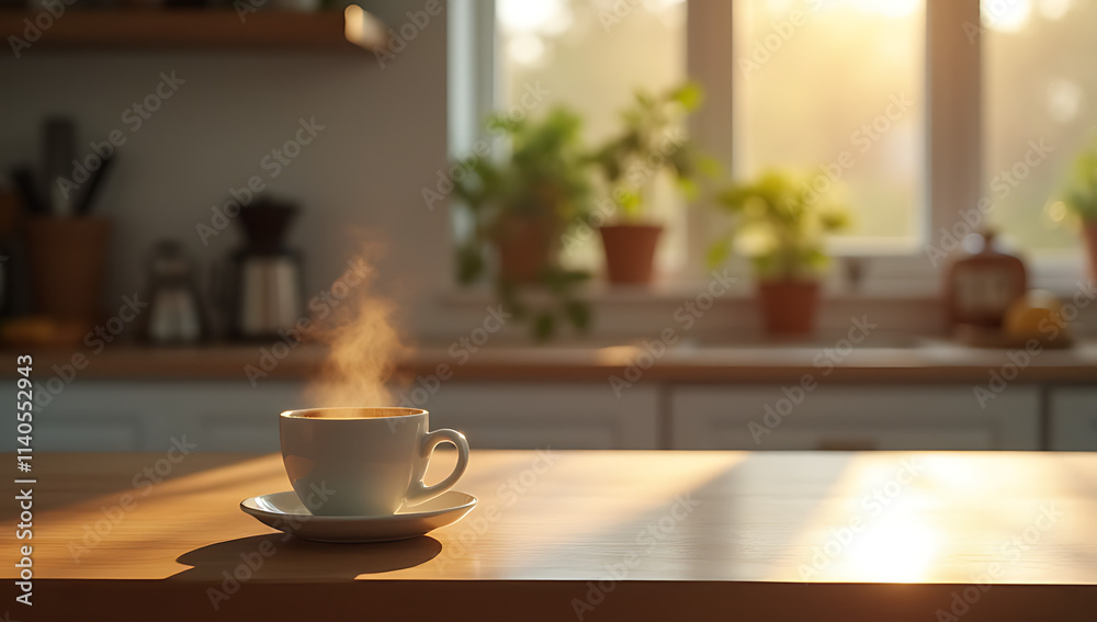 A steaming cup of hot coffee sits on a wooden countertop in our bustling home kitchen each morning always._00003_