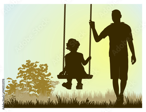 Family silhouettes. Father swings his daughter. Vector illustration.	
