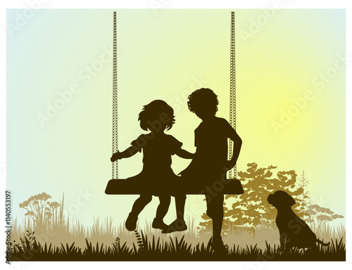 Children silhouettes. Little boy and girl swinging on a playground. Vector illustration.	
