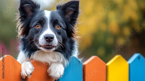 Curious dog exploring colorful wooden slats at a lively playground