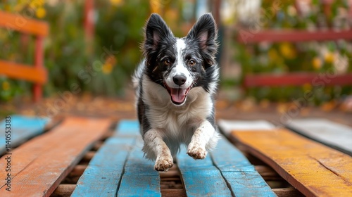 Curious dog exploring colorful wooden slats at a lively playground
