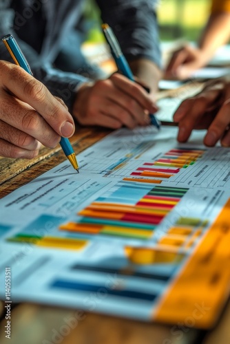 Group of people collaborating on business reports in a vibrant workspace setting