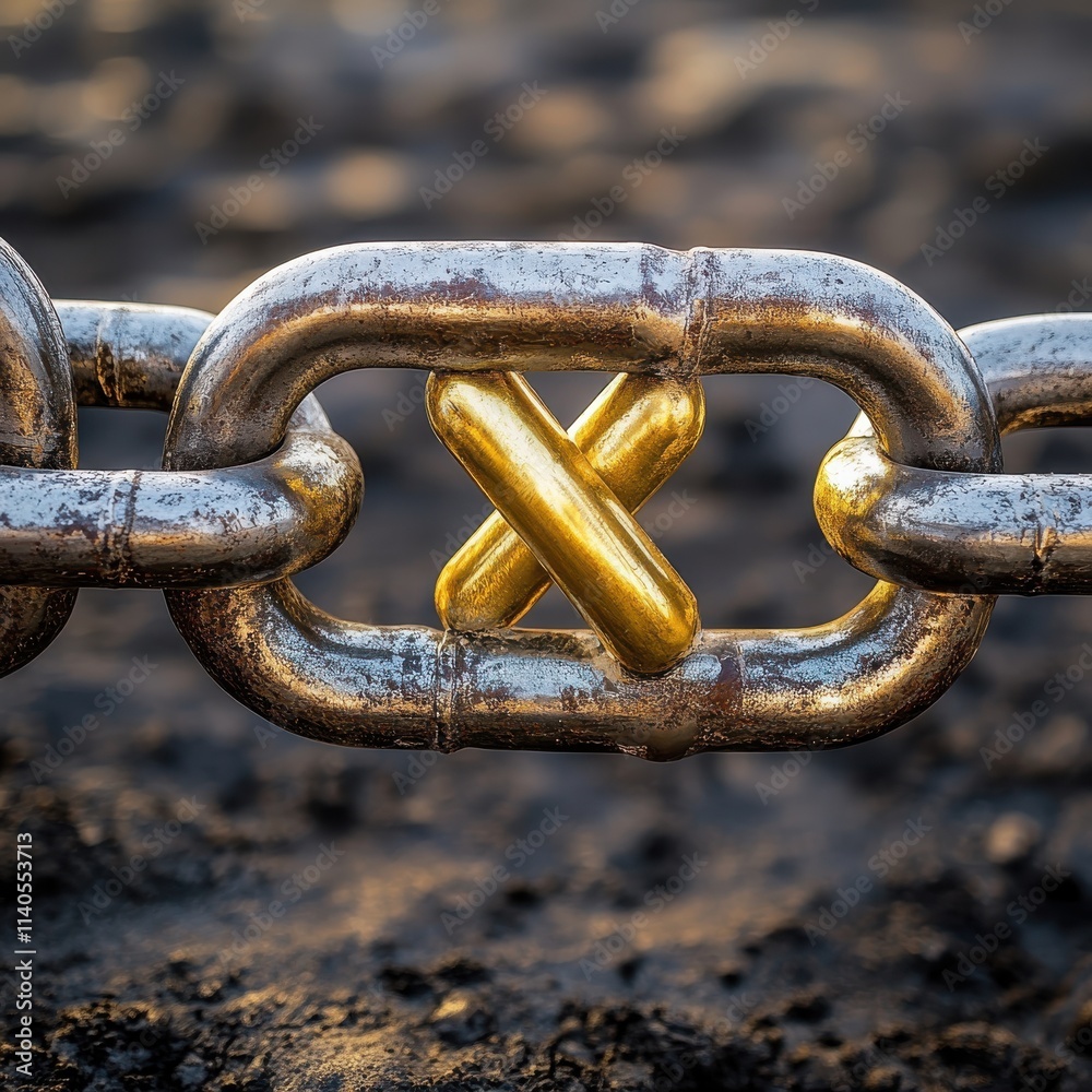 Close-up of interlocked metallic chains with a golden link, symbolizing strength and connection. Close-up of interlocked metallic chains with a golden link, symbolizing strength and connection.