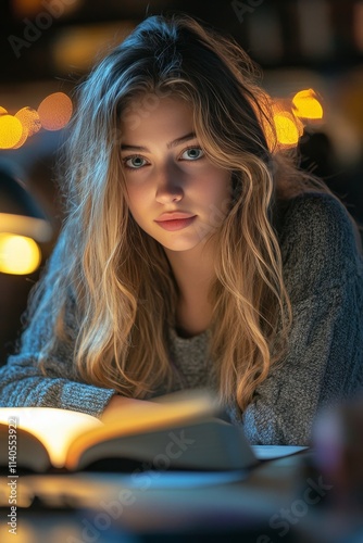 Young man studying intently in a cozy library setting during evening hours