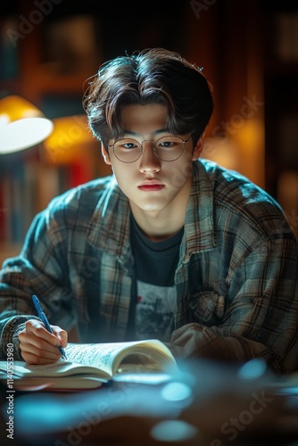 Young man studying intently in a cozy library setting during evening hours