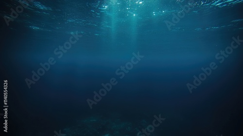 Cinematic underwater shot of deep blue ocean viewed from below. Camera angles up towards surface with faint light filtering through water, conveying vastness, depth, tranquility