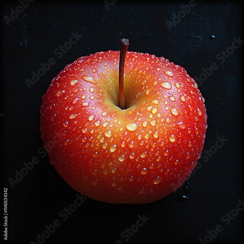 Close up view of a fresh, wet red apple on a dark surface highlighting its na...