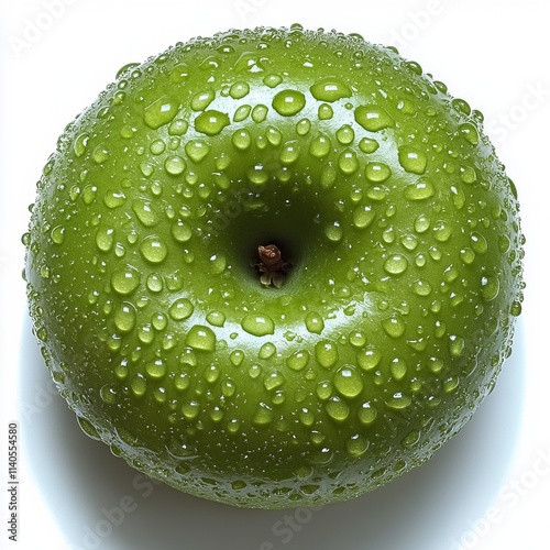 Close up view of a fresh, wet red apple on a dark surface highlighting its na...