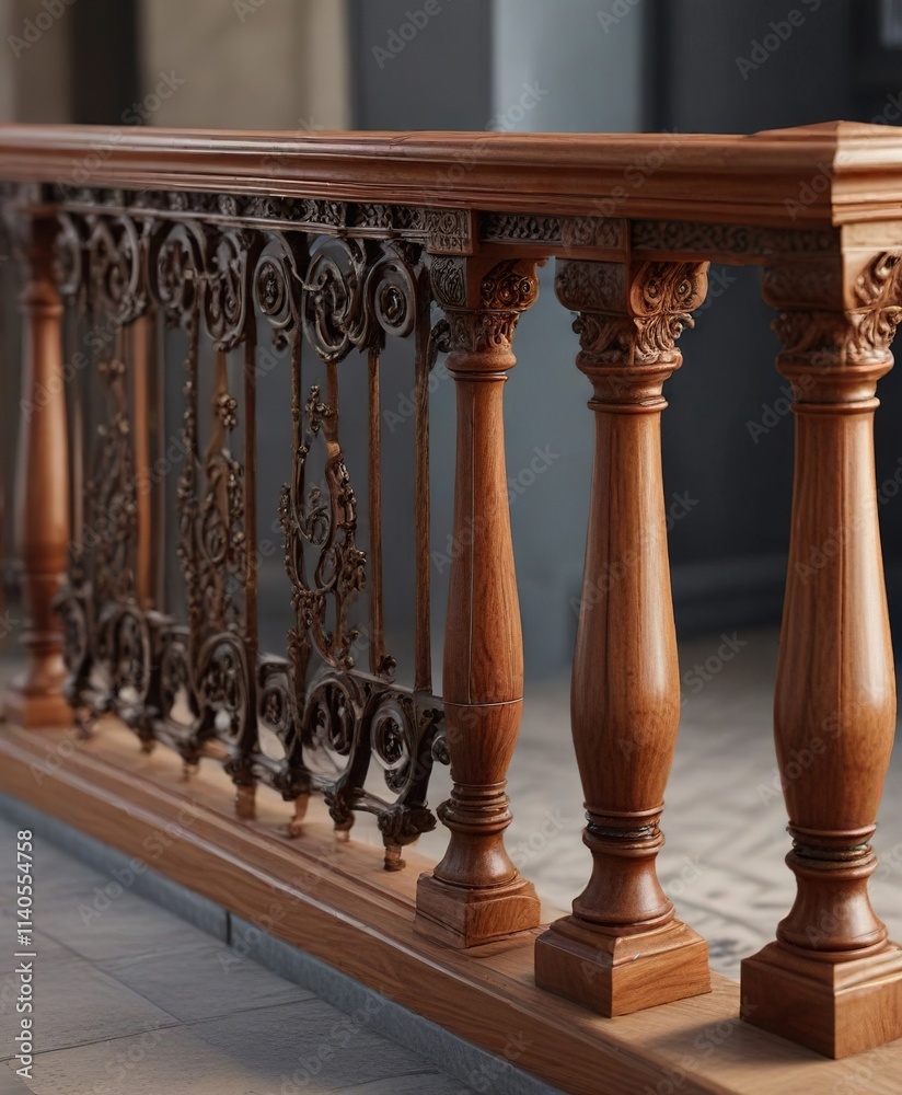 Fototapeta premium Polished wooden balustrade with ornate metalwork, grand ballroom , polished parquet flooring, sophisticated ambiance