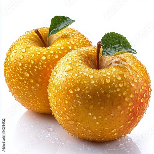 Close up view of a fresh, wet red apple on a dark surface highlighting its na...