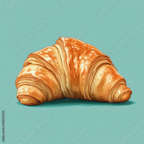 Delicious golden croissant resting on a vibrant turquoise background