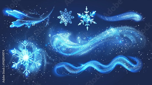 A magical winter scene with shining snowflakes and swirls of glowing light on a blue background.