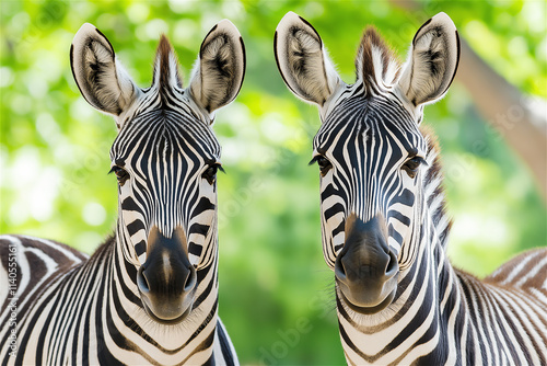 Two zebras standing side by side with green foliage in the background. Their black and white stripes contrast beautifully against the lush greenery.