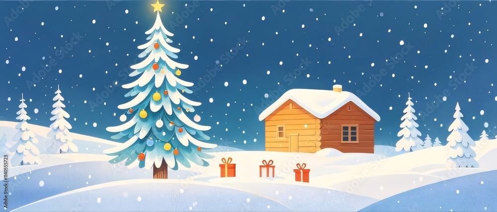 Snowy Christmas landscape with decorated tree and cabin. Snowy Christmas landscape with decorated tree and cabin.