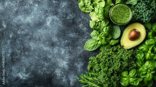 Fresh assortment of green vegetables and smoothie on dark textured background
