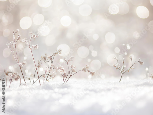 Delicate dry plants with bokeh lights and soft snow in background for wintery atmosphere