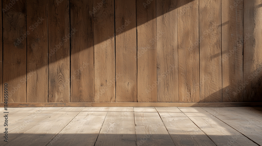 Sunlit Wooden Wall: A warm, inviting space with a rustic wooden wall bathed in soft sunlight, casting intricate shadows. The natural wood grain and light play create a serene and welcoming atmosphere. Sunlit Wooden Wall: A warm, inviting space with a rustic wooden wall bathed in soft sunlight, casting intricate shadows. The natural wood grain and light play create a serene and welcoming atmosphere.