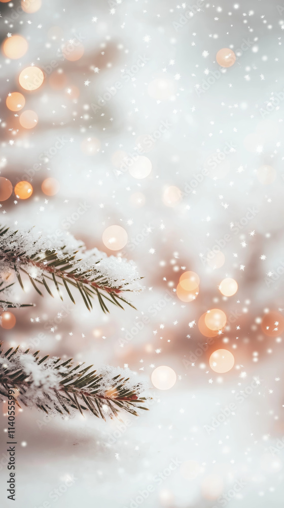 Snowy pine needles and soft bokeh lights on light vertical background for winter