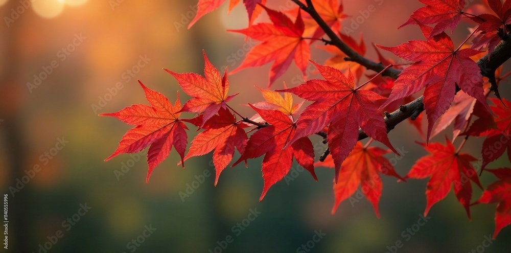 Red maple leaves cling to gnarled branch ends, autumn, tree Red maple leaves cling to gnarled branch ends, autumn, tree