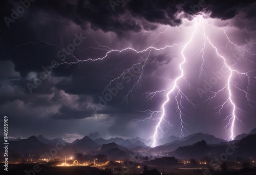 Electrifying bolts of lightning illuminate the darkness, arcing, electrifying