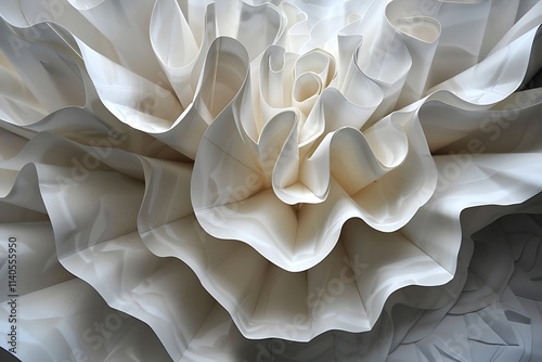 Intricate Paper Art. Craftsmanship and creativity concept, Textured white petal surface background with soft, smooth layers of artificial petals, decorative use, floral design, gentle ambiance.