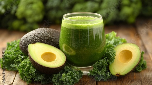 Fresh assortment of green vegetables and smoothie on dark textured background
