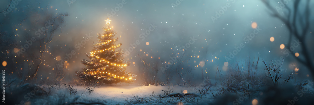 A Dreamy Holiday Background with a Snow-Dusted Xmas Tree and Festive Atmosphere. A Dreamy Holiday Background with a Snow-Dusted Xmas Tree and Festive Atmosphere.