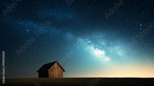 Solitude Under the Milky Way: A rustic wooden cabin stands alone in a vast field, silhouetted against the breathtaking expanse of the night sky, the Milky Way galaxy arching majestically overhead. photo