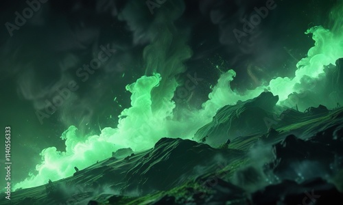 Ethereal green vapor wafts through the darkness , surrealism, glowing mist