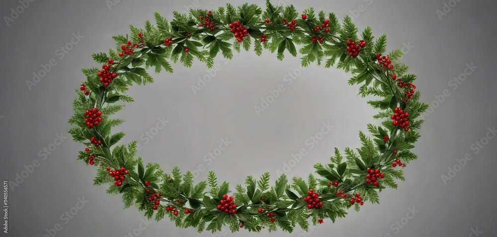 Evergreen branch with red holly berries and green leaves arranged in a circular shape , festive decoration, seasonal decoration Evergreen branch with red holly berries and green leaves arranged in a circular shape , festive decoration, seasonal decoration