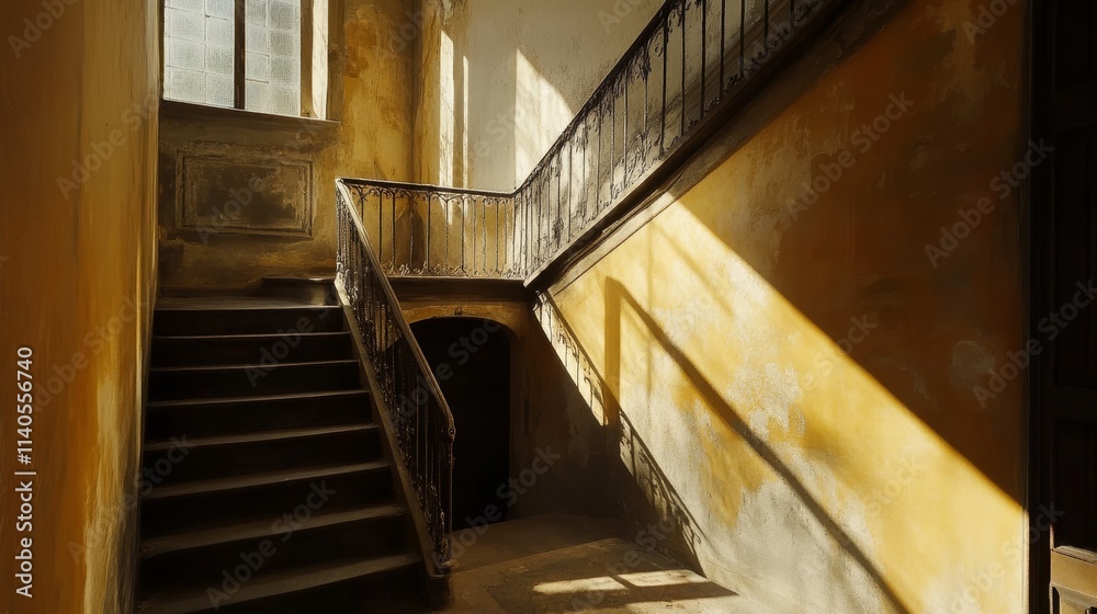 Obraz premium A sunlit staircase in a vintage building, showcasing worn textures and shadows.