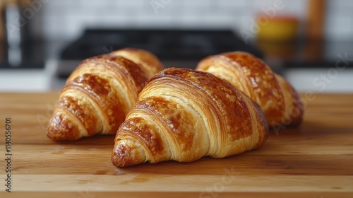 Freshly baked croissants on a wooden board in a cozy kitchen setting