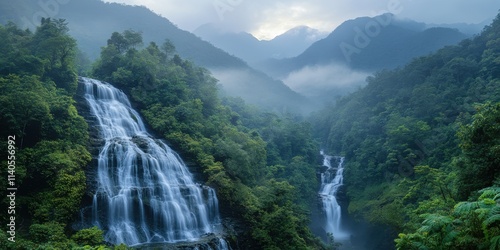 A breathtaking view of cascading waterfalls surrounded by lush greenery in the misty mountains at dawn.
