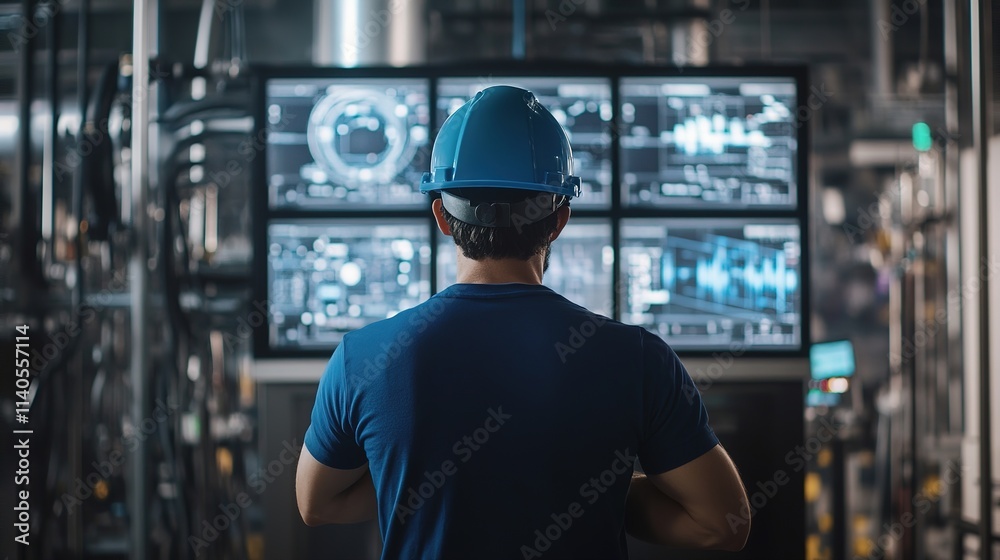 Factory Worker Monitoring Advanced Machinery Displays in High-Tech Industrial Facility Factory Worker Monitoring Advanced Machinery Displays in High-Tech Industrial Facility