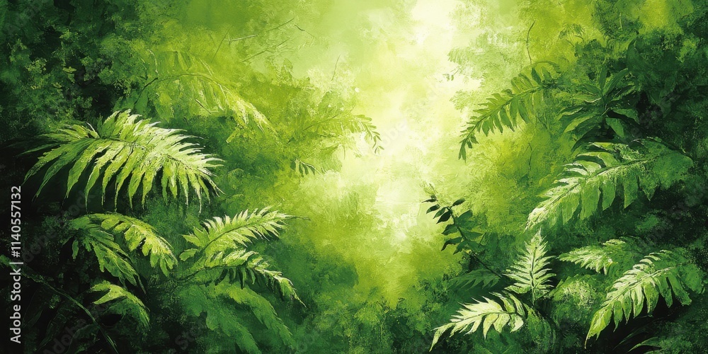 Lush green foliage fills the scene, creating a tranquil atmosphere of dense jungle life. Lush green foliage fills the scene, creating a tranquil atmosphere of dense jungle life.
