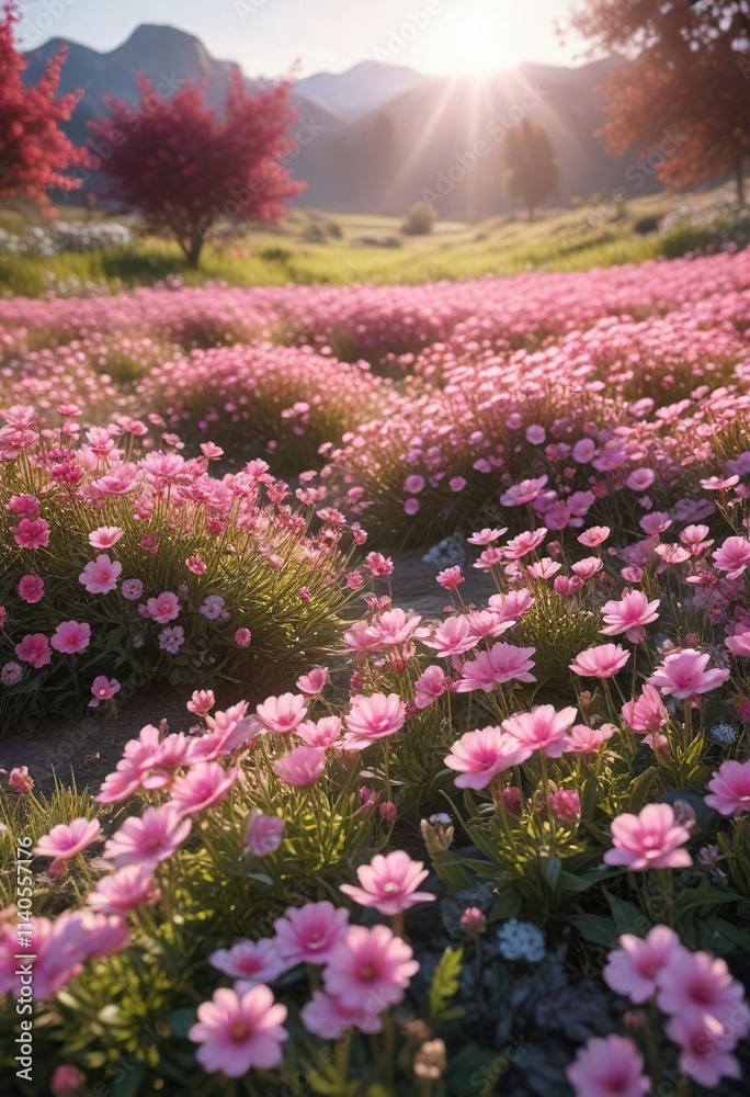 Obraz premium Field of pink flowers in full bloom with sunlight filtering through , spring, petals, garden