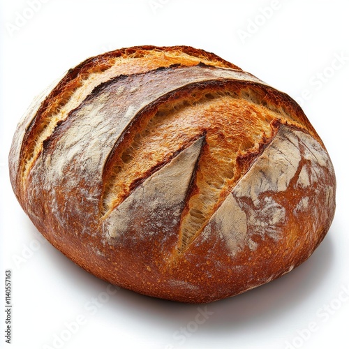 A round loaf of artisan bread showcases a crusty golden exterior with a beaut...