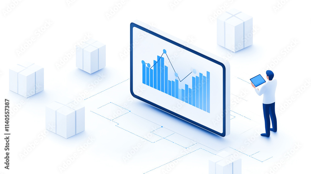Analyzing shipping data on digital screen with packages nearby Analyzing shipping data on digital screen with packages nearby