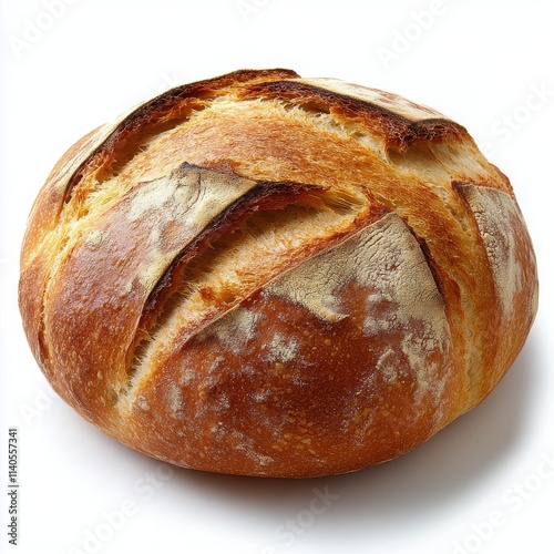 A round loaf of artisan bread showcases a crusty golden exterior with a beaut...
