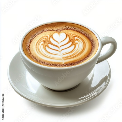Warm latte served in a white ceramic cup with intricate foam art