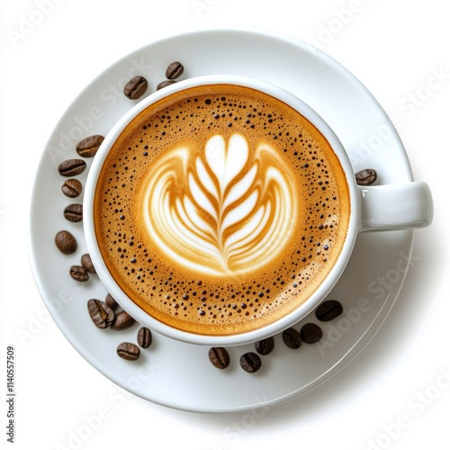 Warm latte served in a white ceramic cup with intricate foam art