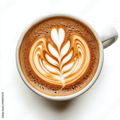 Warm latte served in a white ceramic cup with intricate foam art