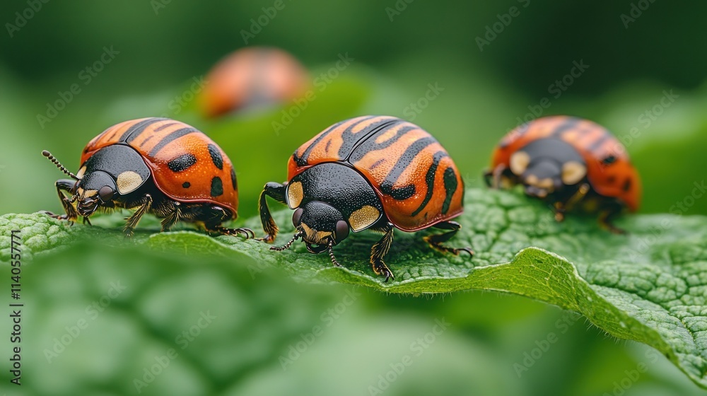Fototapeta premium Three orange and black ladybugs on a green leaf.
