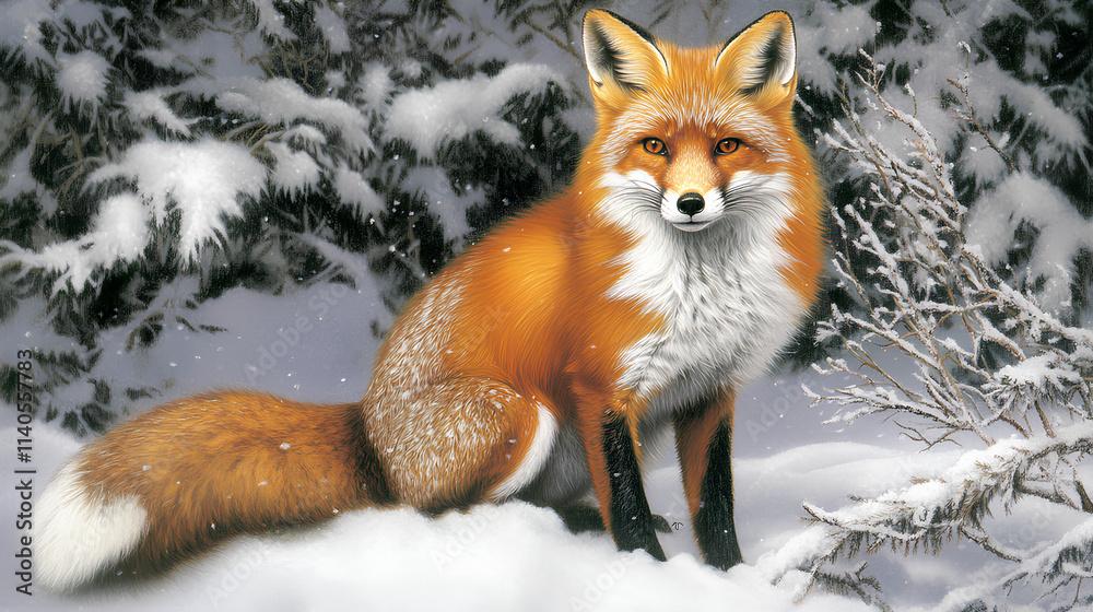 Fox is sitting in the snow, looking at the camera Fox is sitting in the snow, looking at the camera